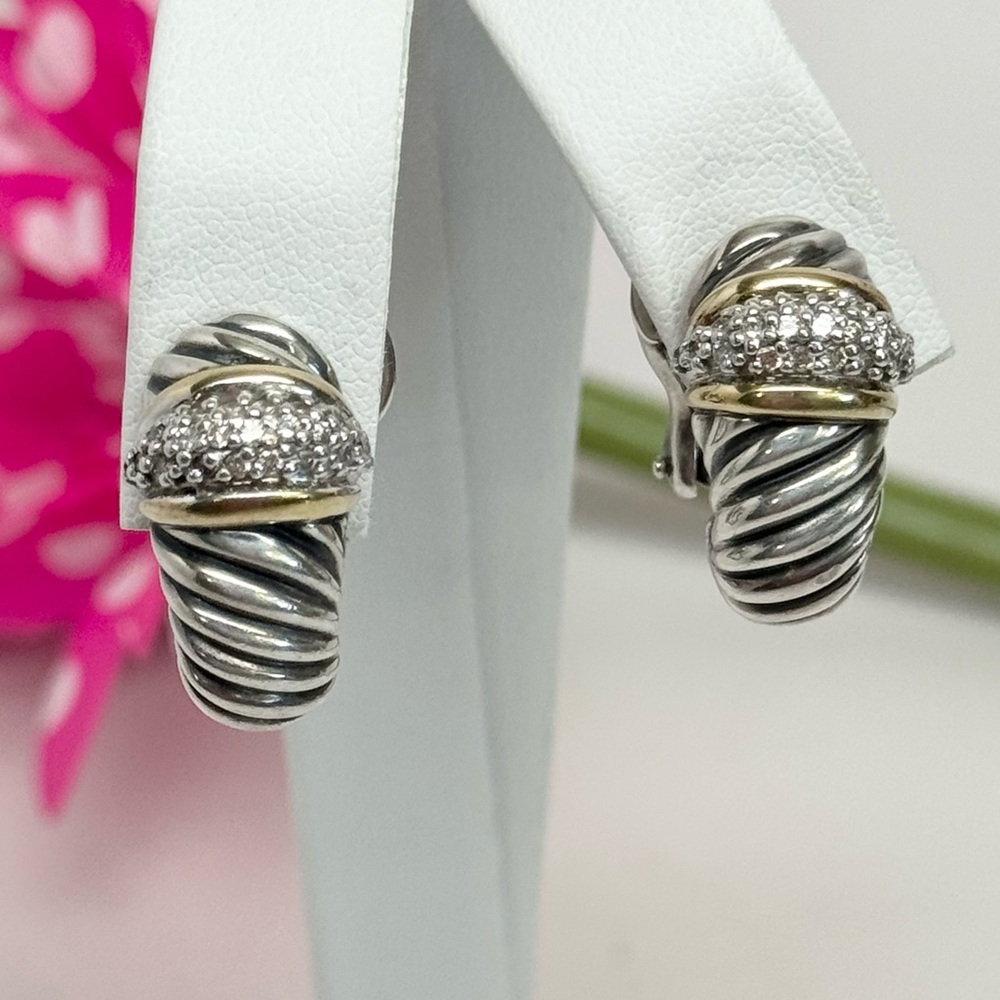 David Yurman 925 18K Gold Diamond Thoroughbred Cable Shrimp Earrings